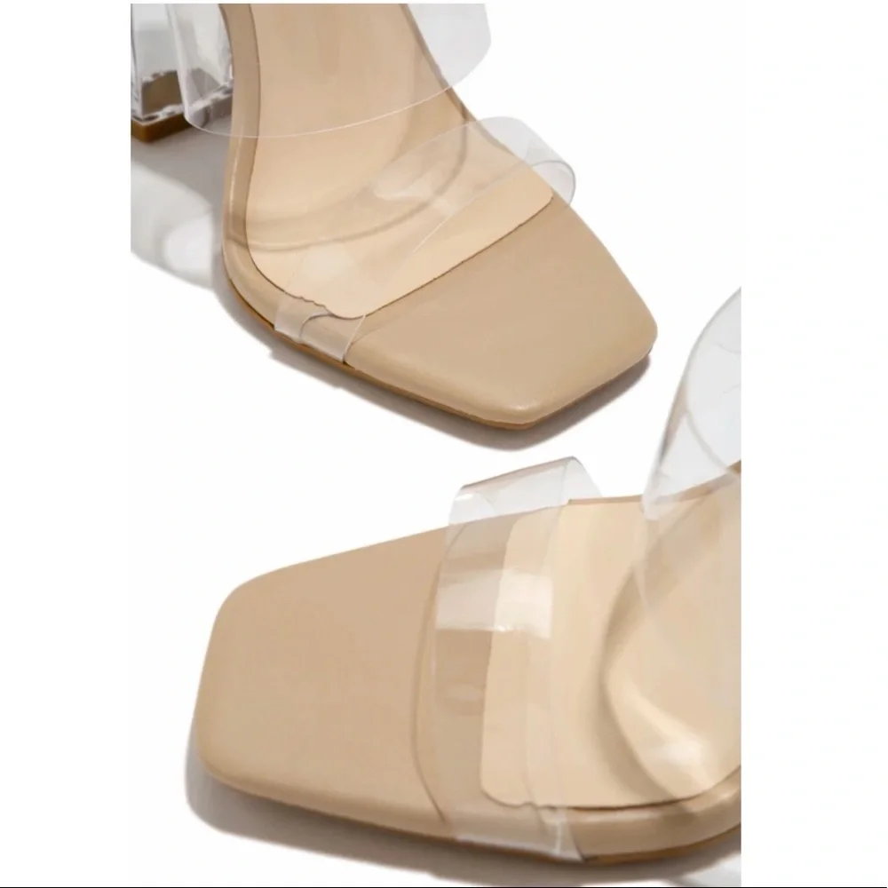Clear Dual Strap Nude Heel With Clear Block Heel - Picture 4 of 8